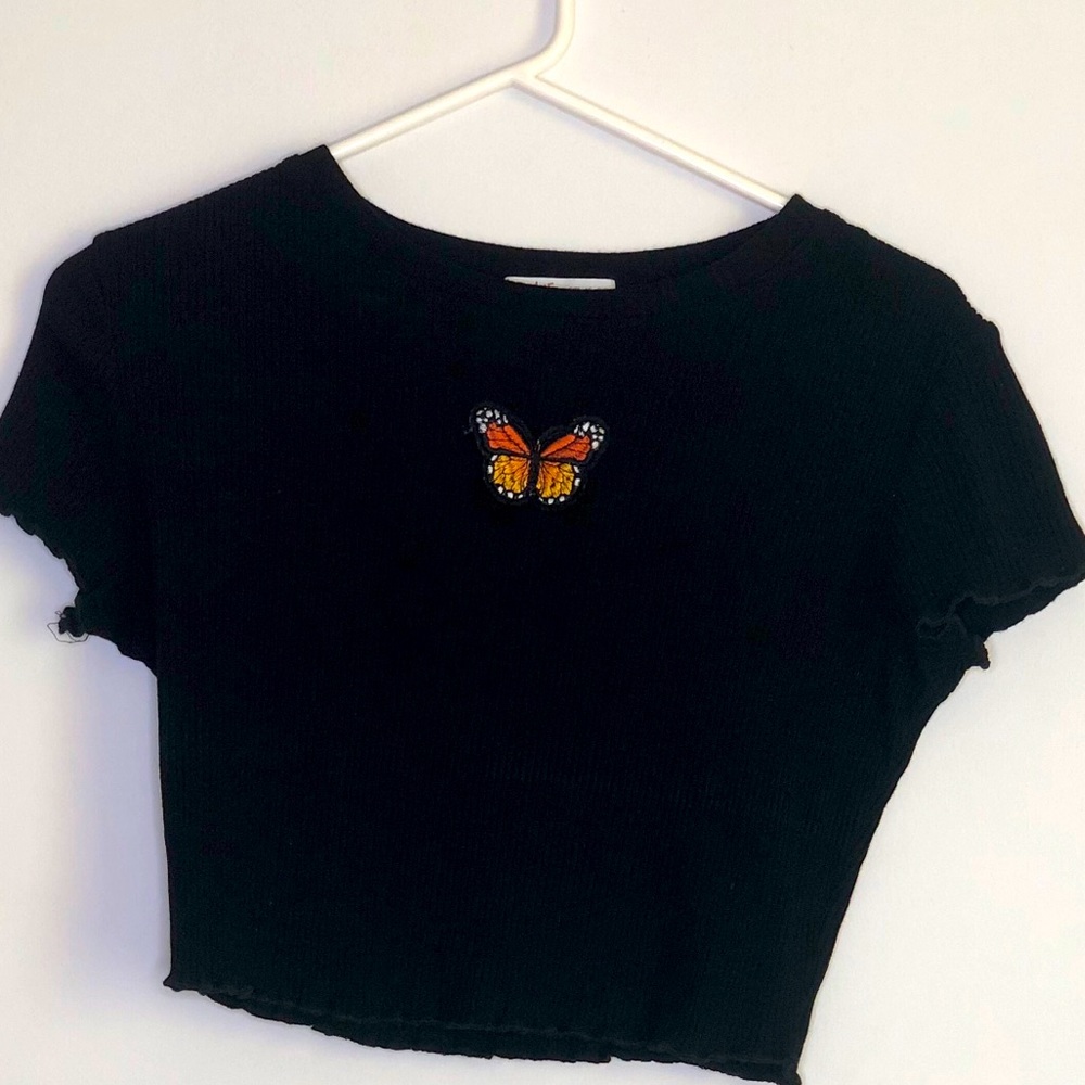 Black Crop Top w/ Orange Butterfly